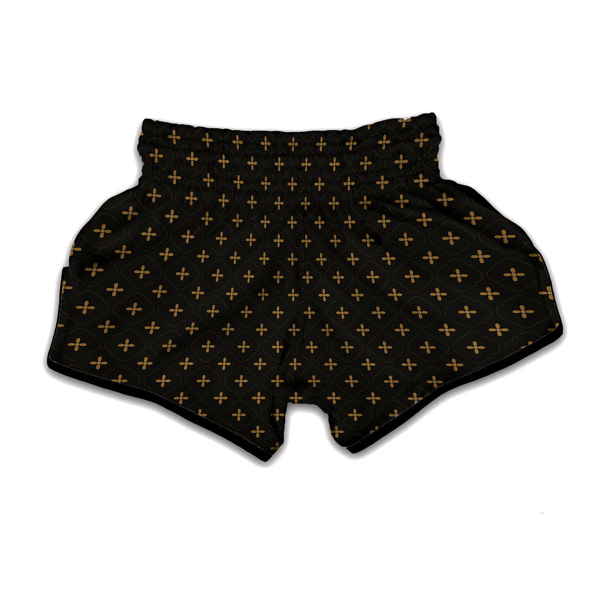 Black And Gold Orthodox Pattern Print Muay Thai Boxing Shorts
