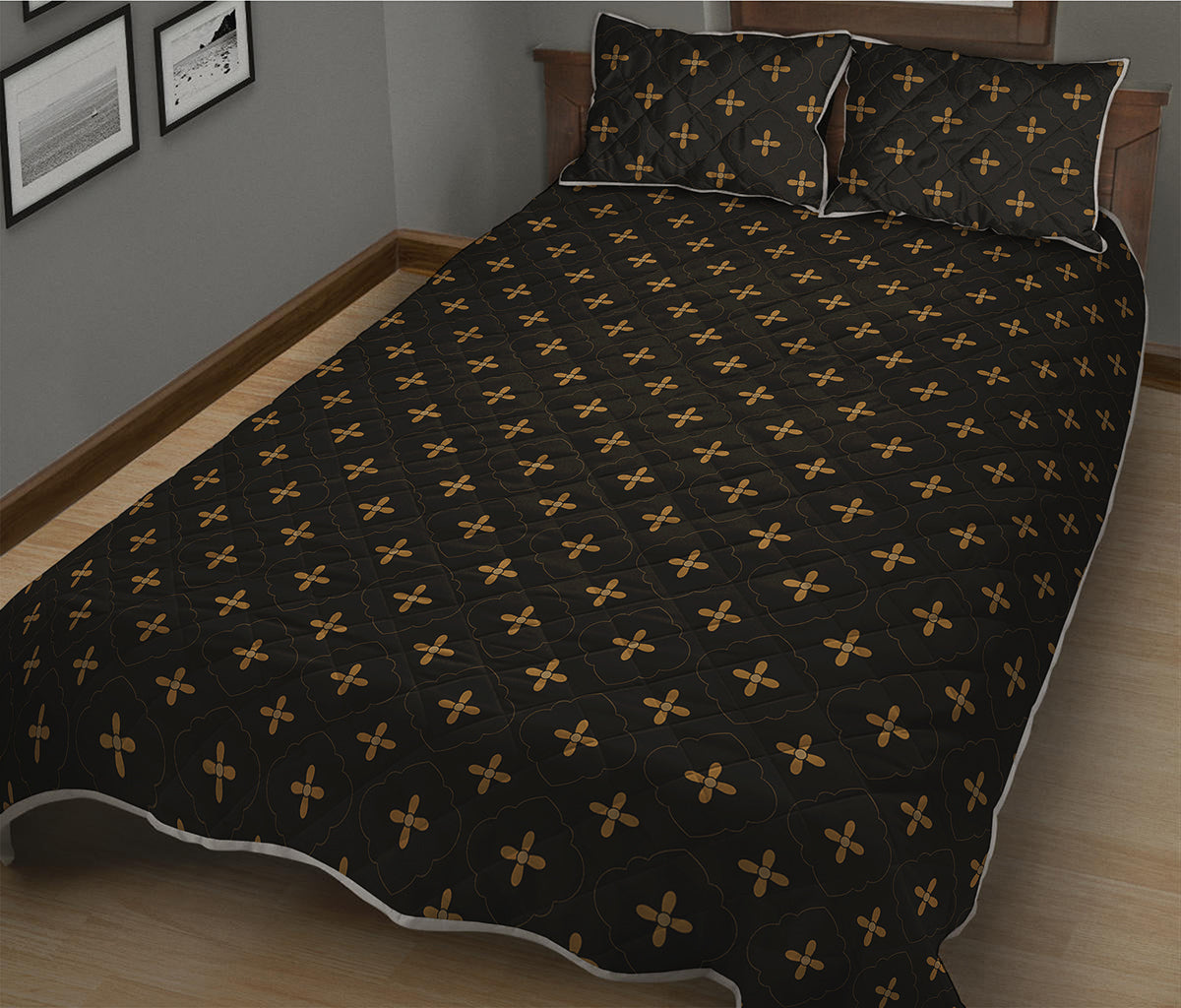 Black And Gold Orthodox Pattern Print Quilt Bed Set