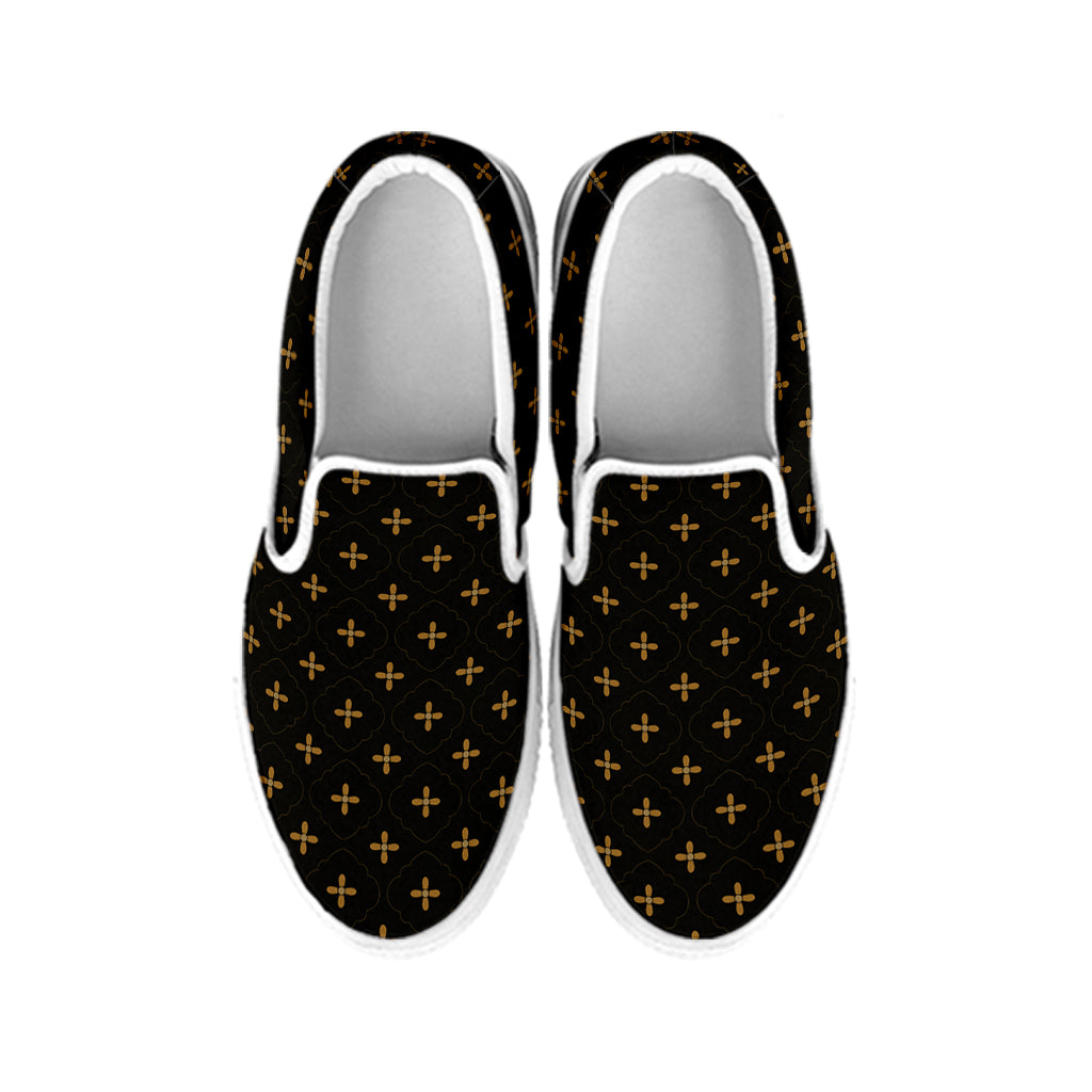 Black And Gold Orthodox Pattern Print White Slip On Shoes