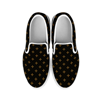 Black And Gold Orthodox Pattern Print White Slip On Shoes