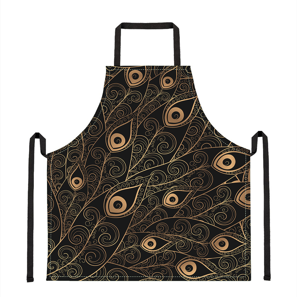 Black And Gold Peacock Feather Print Apron