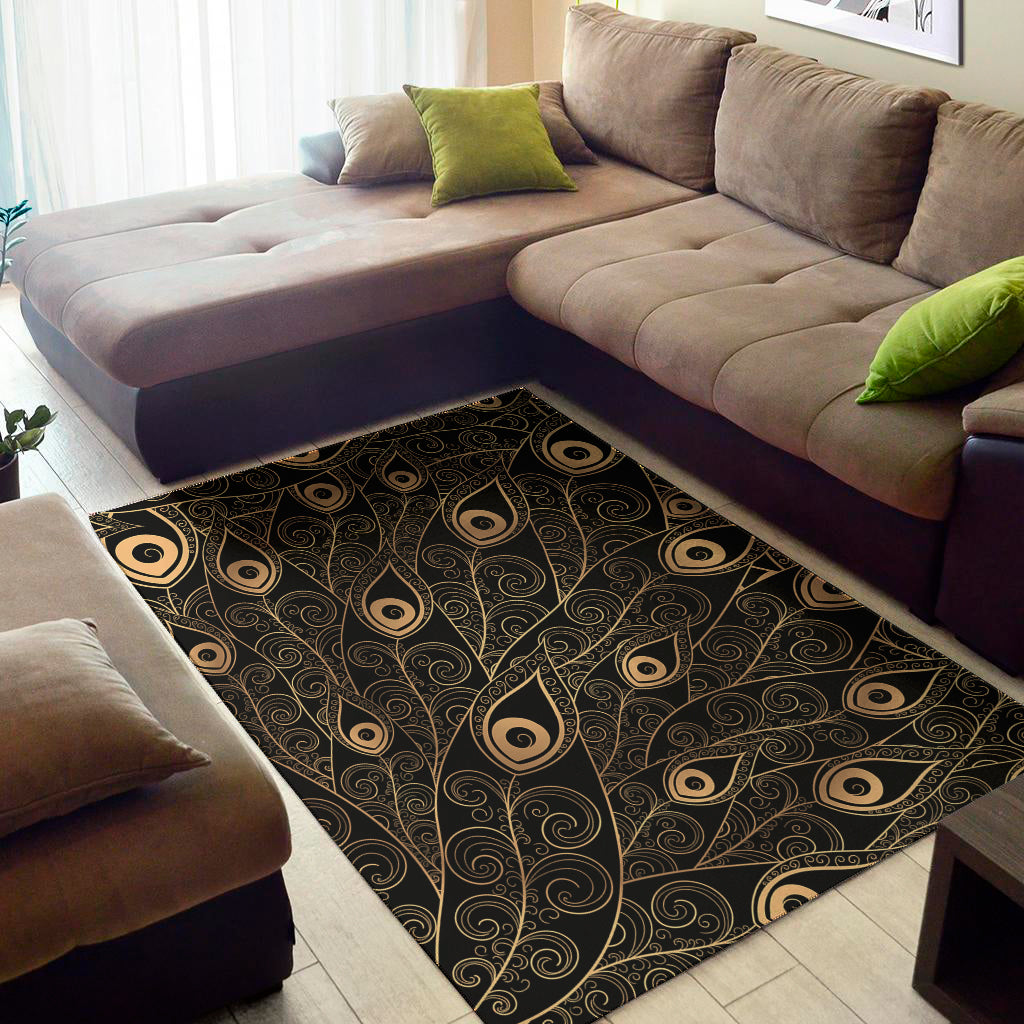 Black And Gold Peacock Feather Print Area Rug