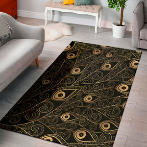 Black And Gold Peacock Feather Print Area Rug