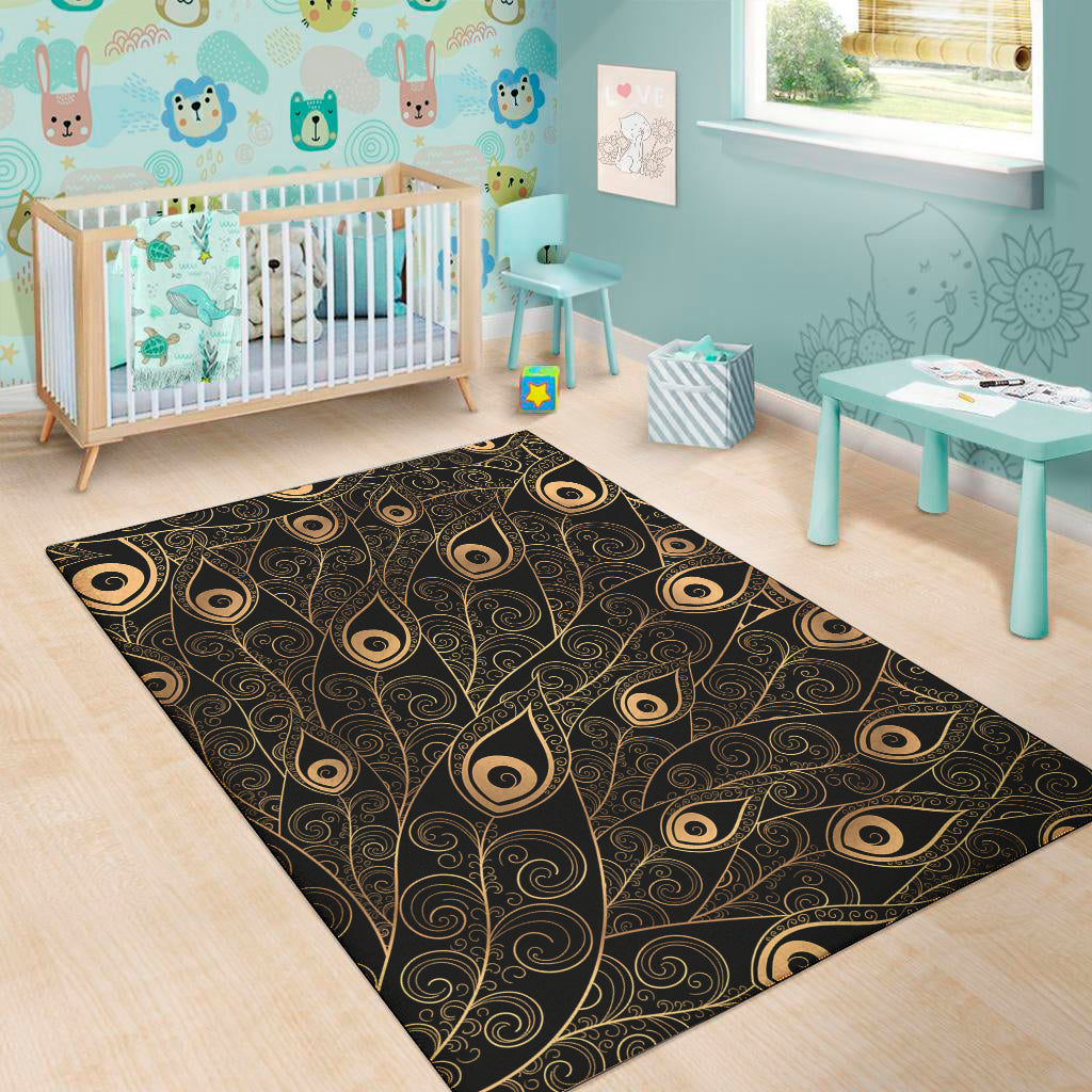 Black And Gold Peacock Feather Print Area Rug