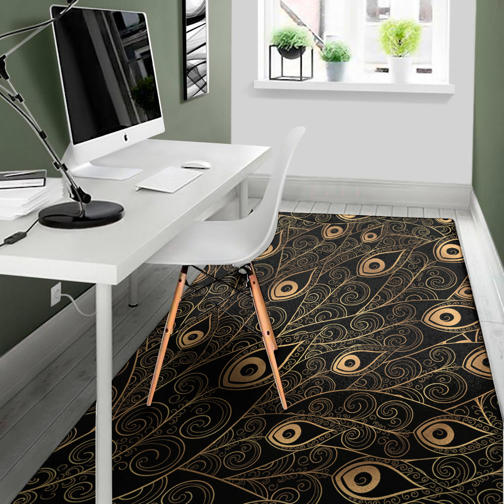 Black And Gold Peacock Feather Print Area Rug