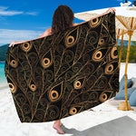Black And Gold Peacock Feather Print Beach Sarong Wrap