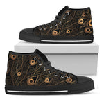 Black And Gold Peacock Feather Print Black High Top Shoes