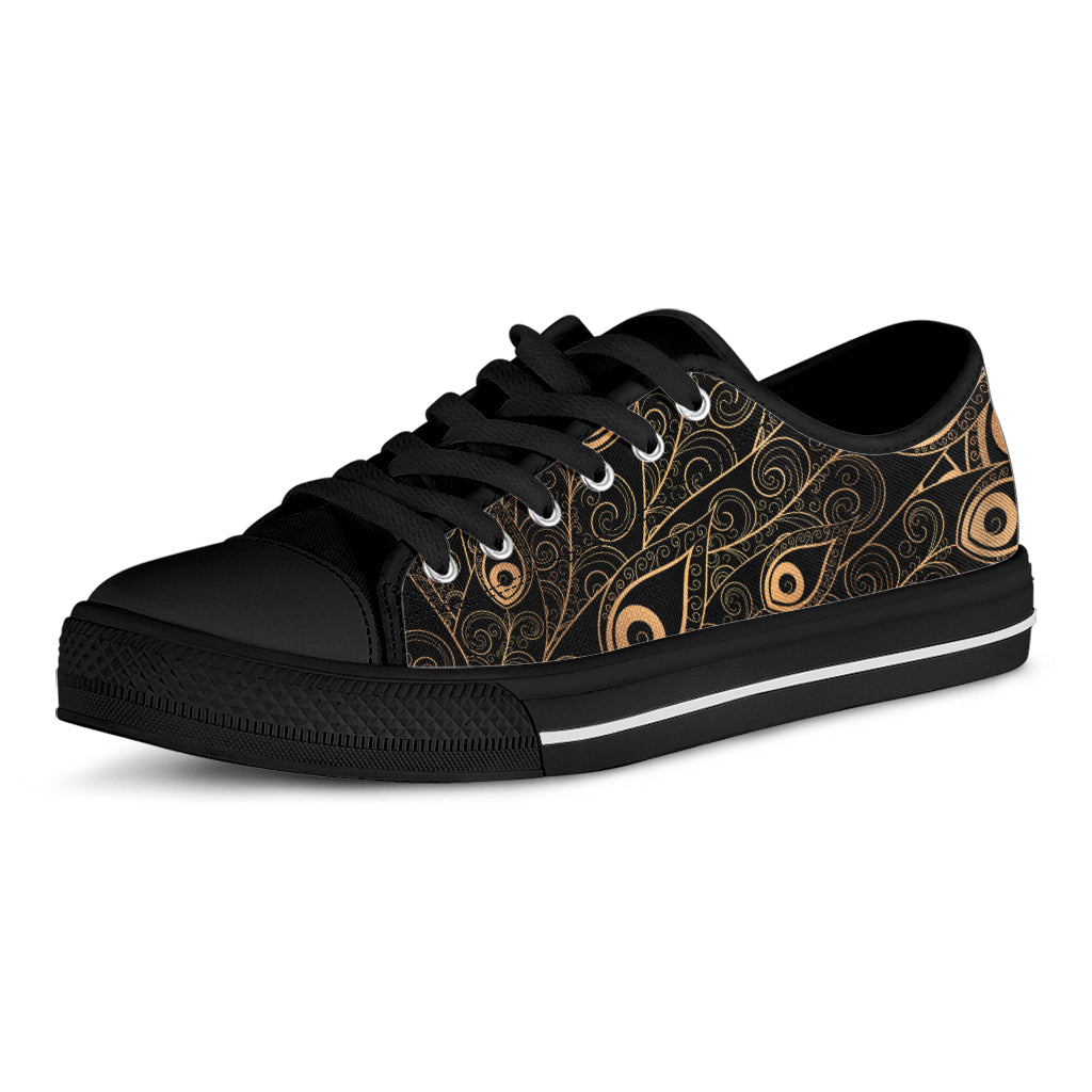 Black And Gold Peacock Feather Print Black Low Top Shoes