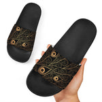 Black And Gold Peacock Feather Print Black Slide Sandals