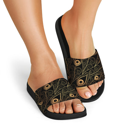 Black And Gold Peacock Feather Print Black Slide Sandals