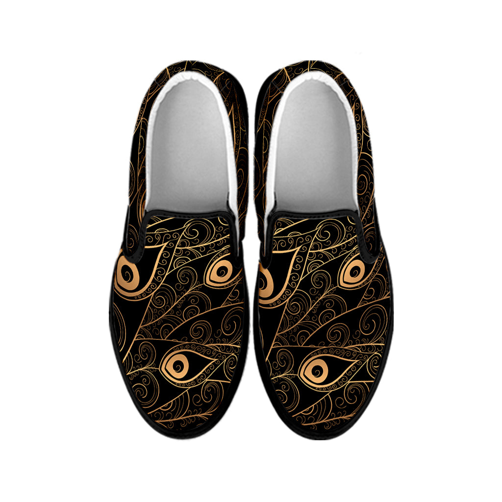 Black And Gold Peacock Feather Print Black Slip On Shoes