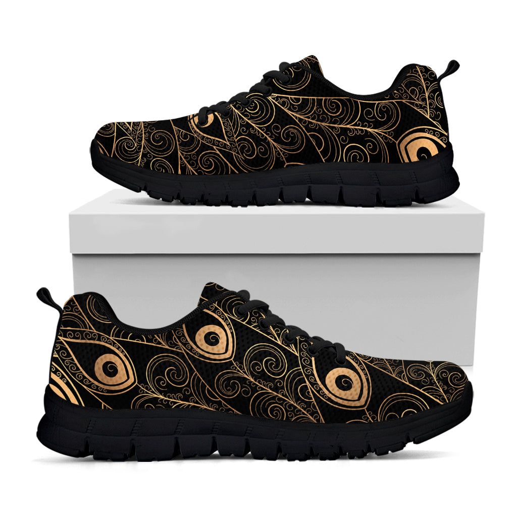 Black And Gold Peacock Feather Print Black Sneakers