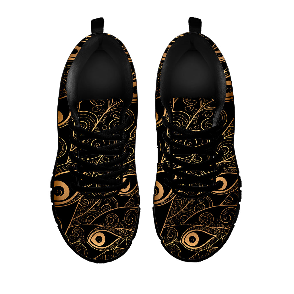 Black And Gold Peacock Feather Print Black Sneakers