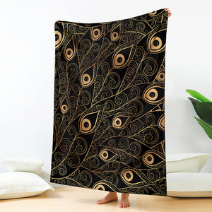 Black And Gold Peacock Feather Print Blanket