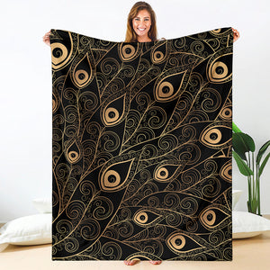 Black And Gold Peacock Feather Print Blanket