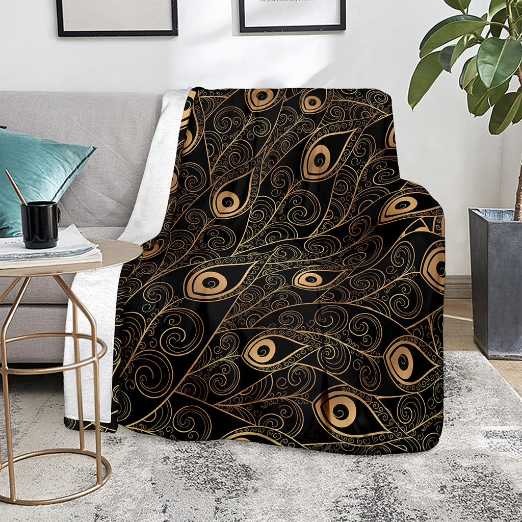 Black And Gold Peacock Feather Print Blanket