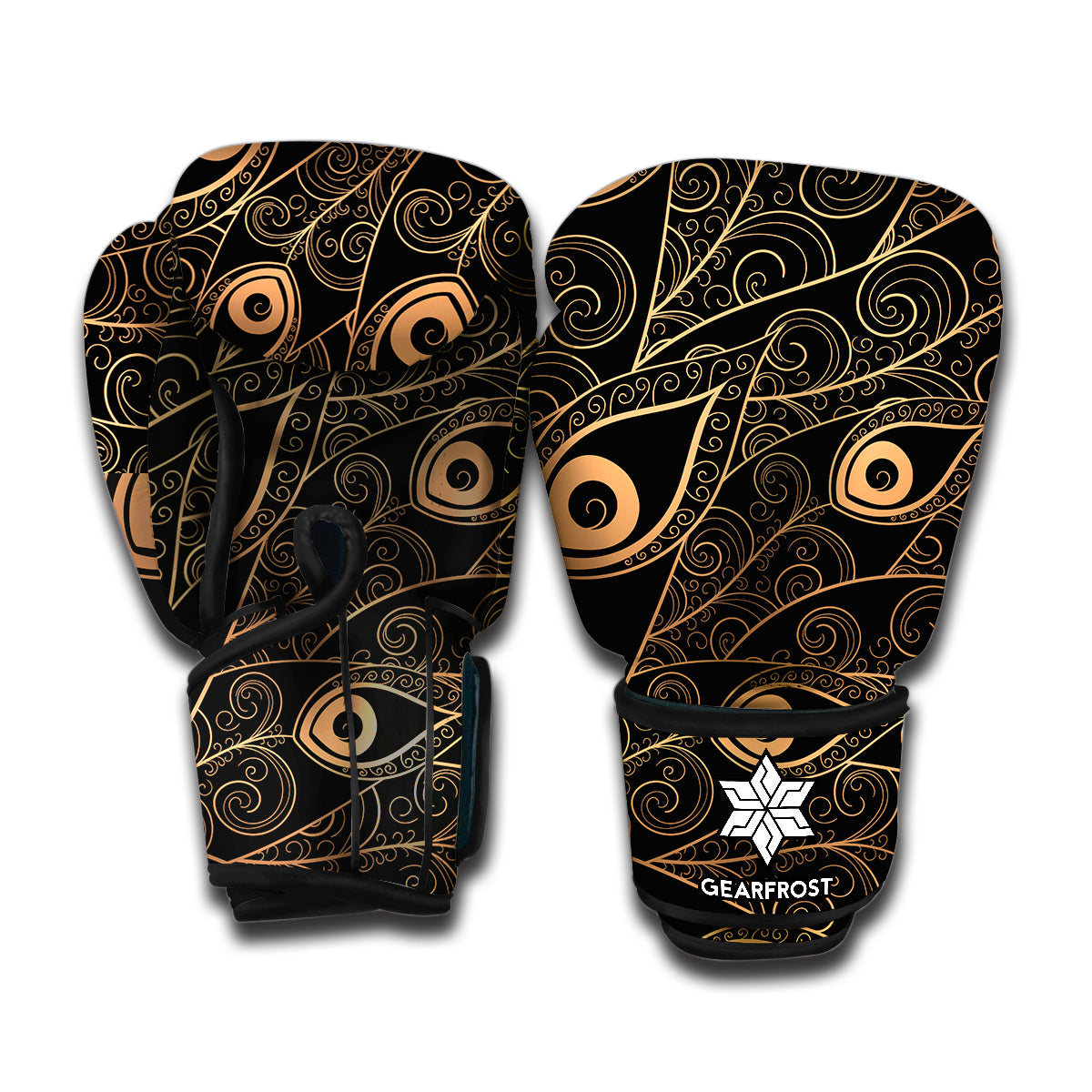 Black And Gold Peacock Feather Print Boxing Gloves