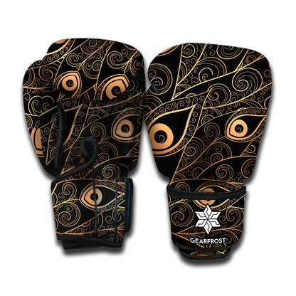 Black And Gold Peacock Feather Print Boxing Gloves
