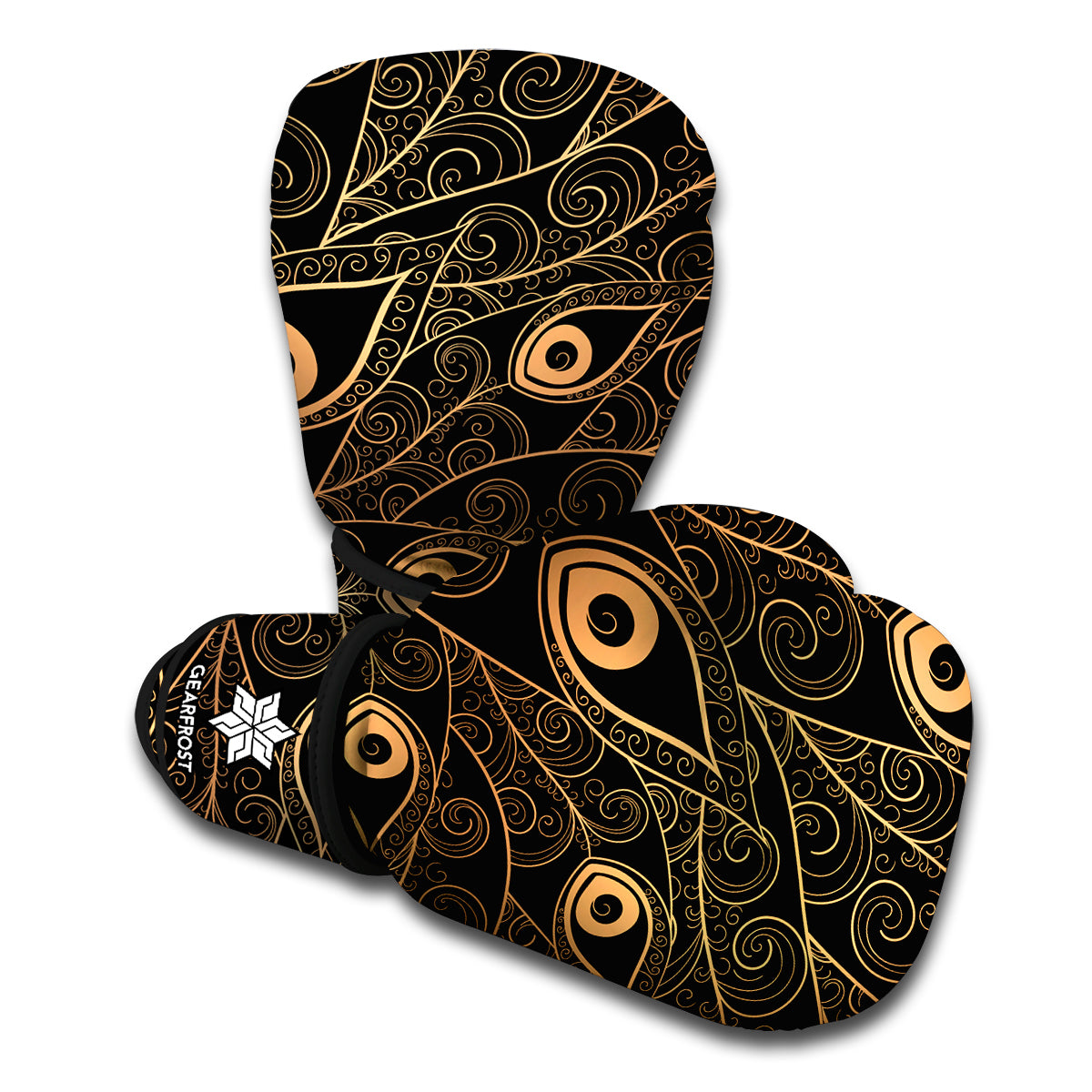 Black And Gold Peacock Feather Print Boxing Gloves