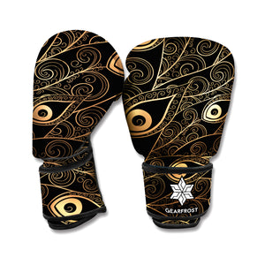 Black And Gold Peacock Feather Print Boxing Gloves