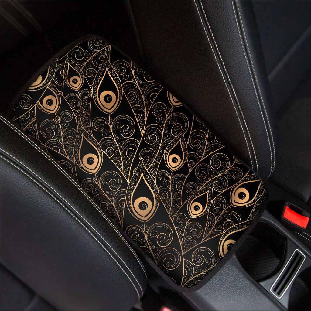 Black And Gold Peacock Feather Print Car Center Console Cover