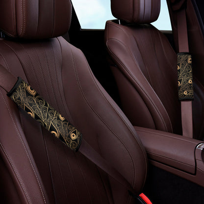 Black And Gold Peacock Feather Print Car Seat Belt Covers
