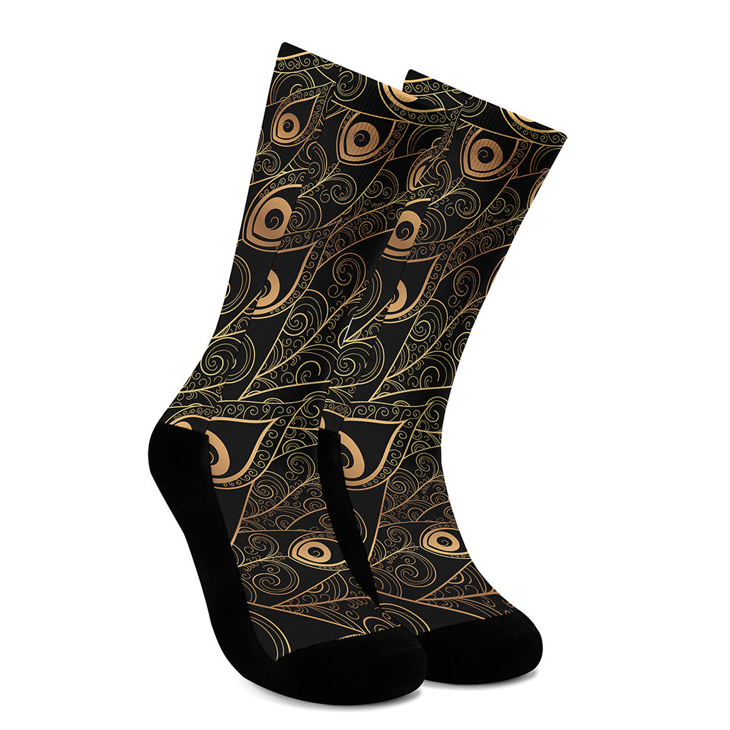 Black And Gold Peacock Feather Print Crew Socks