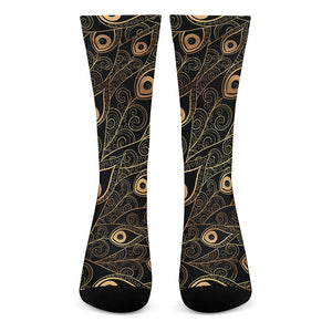 Black And Gold Peacock Feather Print Crew Socks