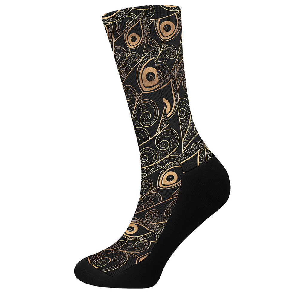 Black And Gold Peacock Feather Print Crew Socks