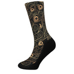 Black And Gold Peacock Feather Print Crew Socks