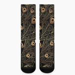 Black And Gold Peacock Feather Print Crew Socks