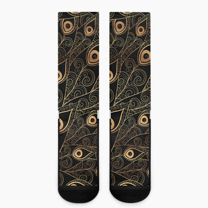 Black And Gold Peacock Feather Print Crew Socks