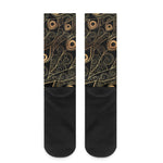 Black And Gold Peacock Feather Print Crew Socks