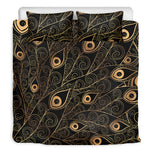 Black And Gold Peacock Feather Print Duvet Cover Bedding Set