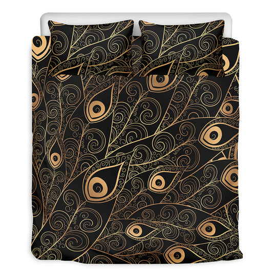 Black And Gold Peacock Feather Print Duvet Cover Bedding Set