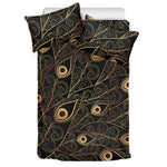 Black And Gold Peacock Feather Print Duvet Cover Bedding Set