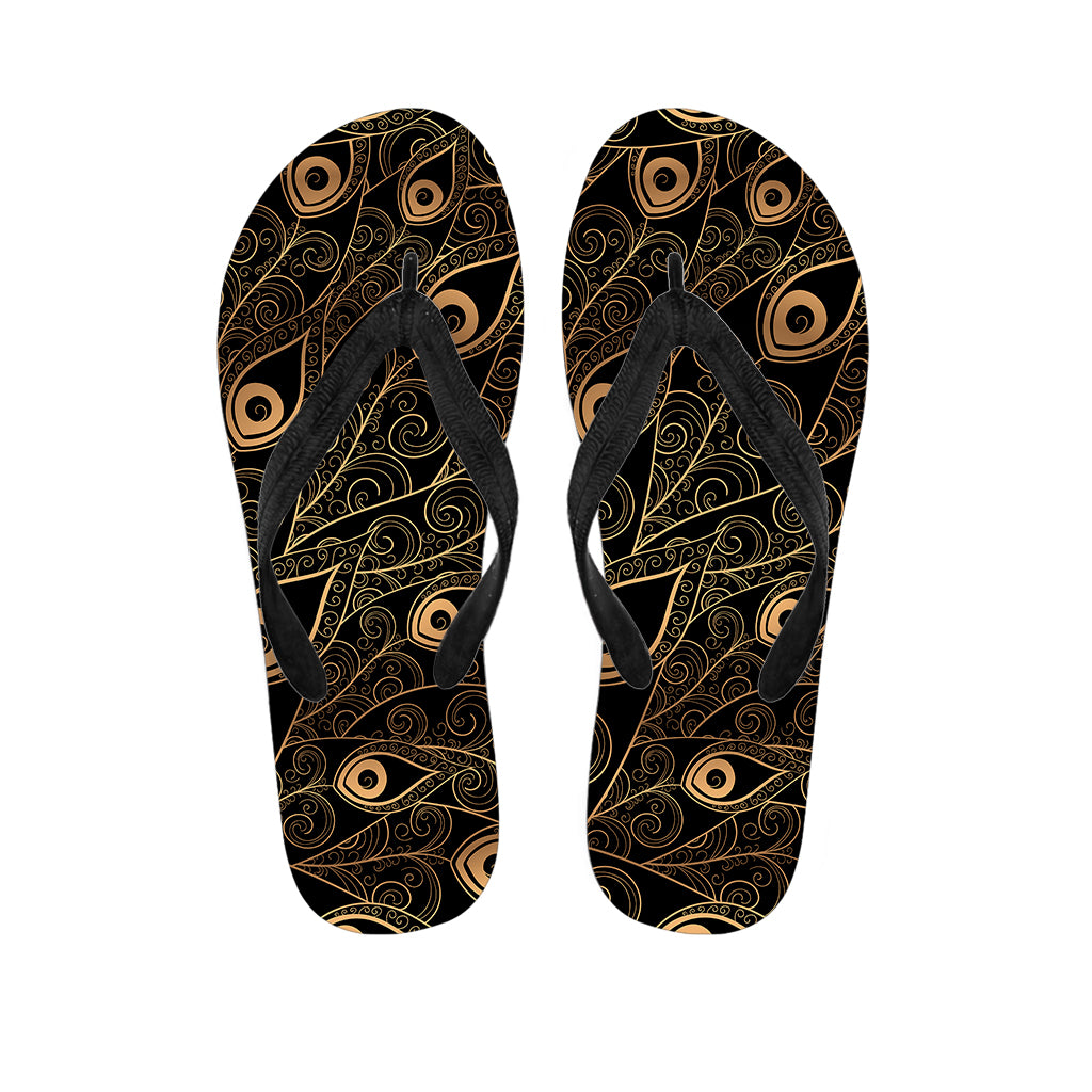 Black And Gold Peacock Feather Print Flip Flops