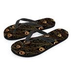 Black And Gold Peacock Feather Print Flip Flops