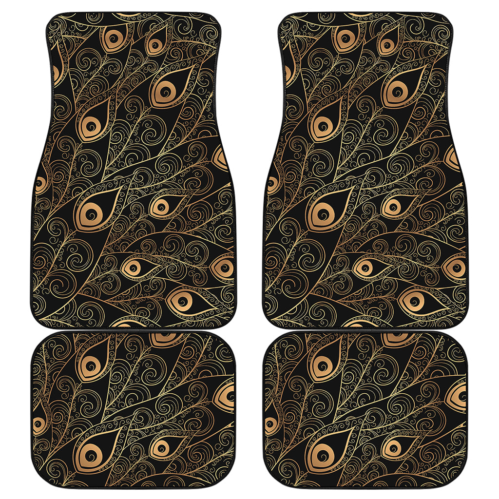 Black And Gold Peacock Feather Print Front and Back Car Floor Mats