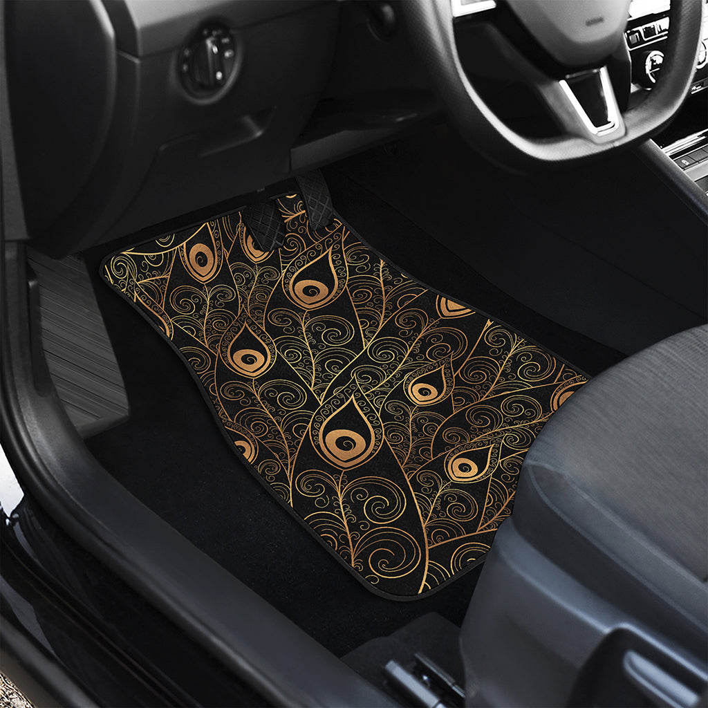 Black And Gold Peacock Feather Print Front and Back Car Floor Mats