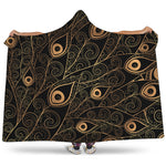 Black And Gold Peacock Feather Print Hooded Blanket