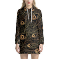 Black And Gold Peacock Feather Print Pullover Hoodie Dress