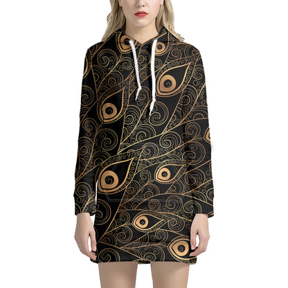Black And Gold Peacock Feather Print Hoodie Dress
