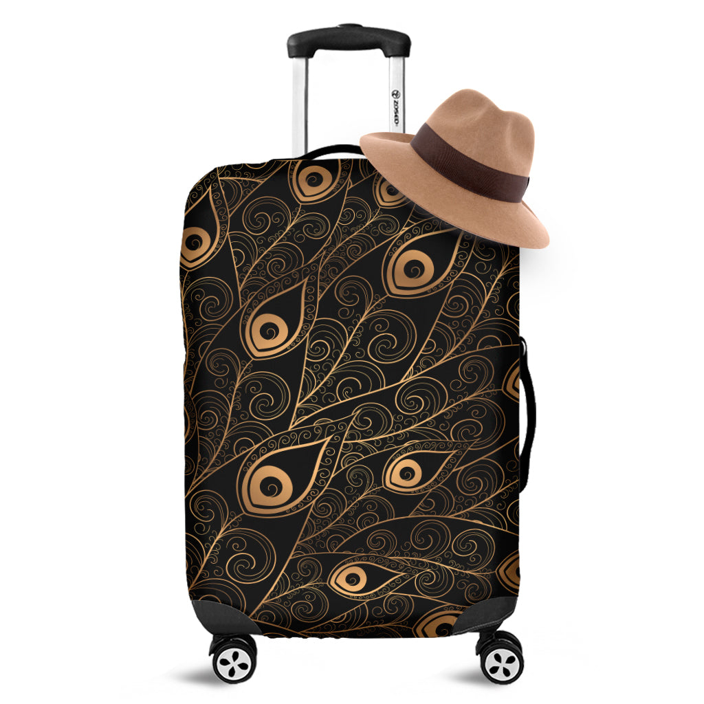 Black And Gold Peacock Feather Print Luggage Cover