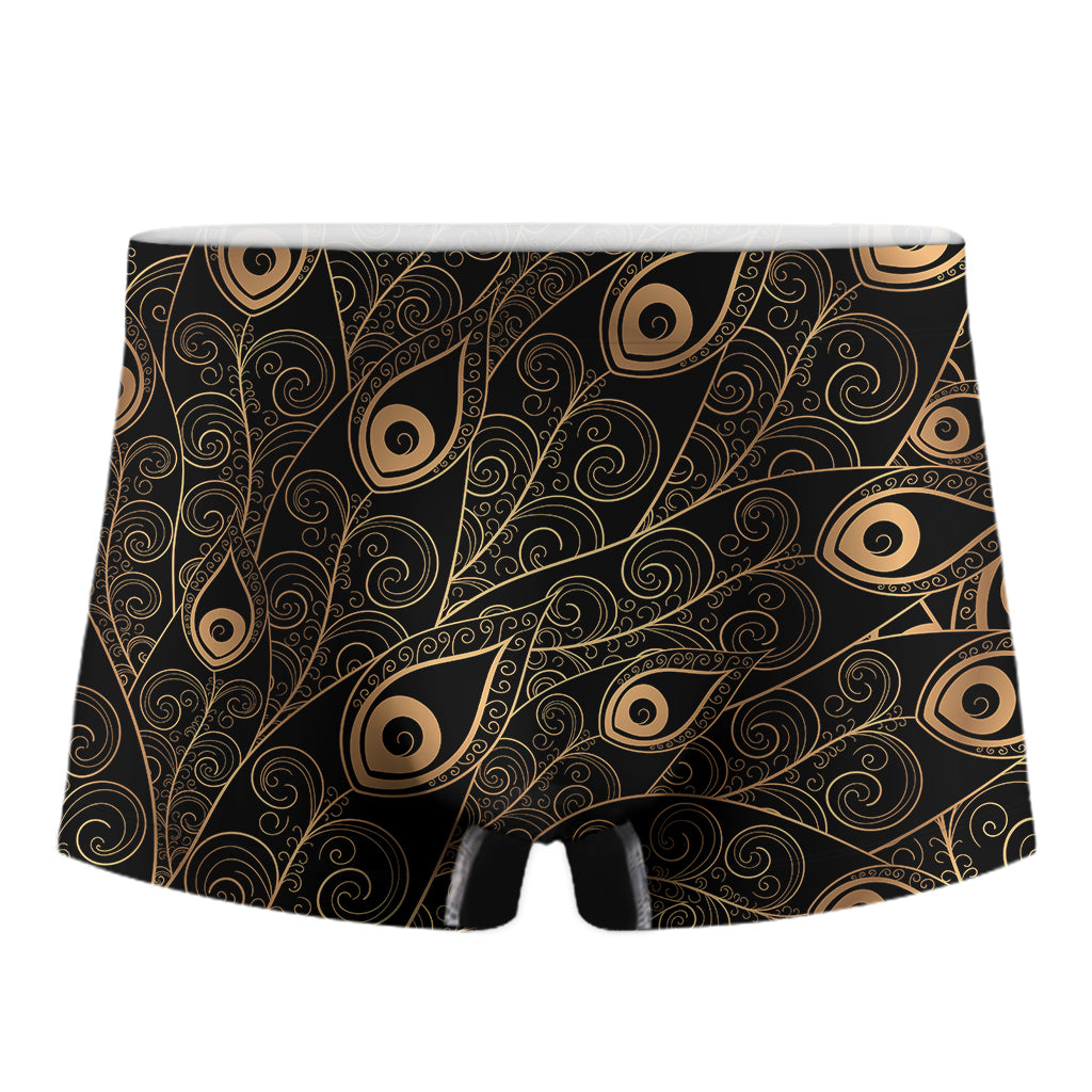 Black And Gold Peacock Feather Print Men's Boxer Briefs