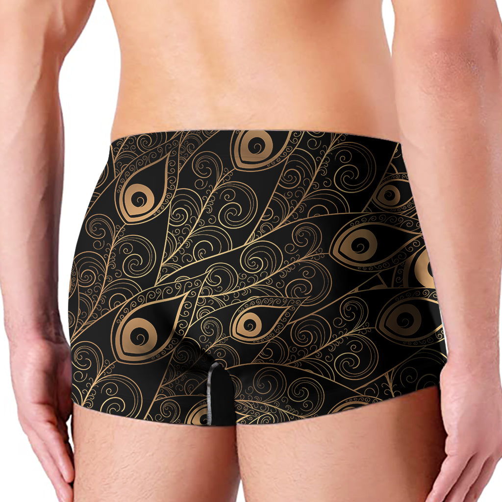 Black And Gold Peacock Feather Print Men's Boxer Briefs