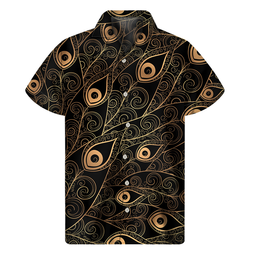 Black And Gold Peacock Feather Print Men's Short Sleeve Shirt