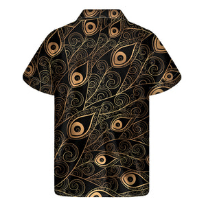 Black And Gold Peacock Feather Print Men's Short Sleeve Shirt