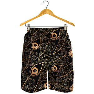 Black And Gold Peacock Feather Print Men's Shorts