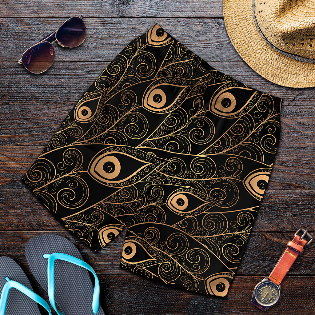 Black And Gold Peacock Feather Print Men's Shorts